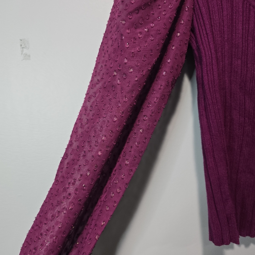 By Anthropologie Sheer Polka Dot Mesh Sleeve Ribbed Purple Sweater Size S - Picture 2 of 3